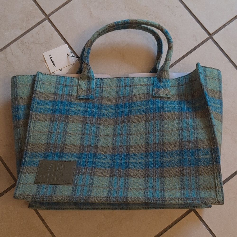 NWT Sandro Tartan Kasbah Wool Tote Blue And Green Large With Handles - Picture 4 of 16